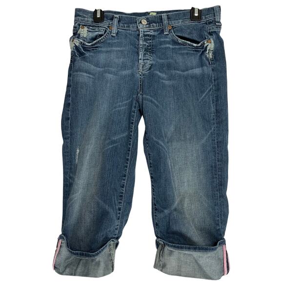7 FOR ALL MANKIND Cuffed Crop Capri Jeans Size 28 Blue Mid Rise Dark Wash Denim - Picture 1 of 6